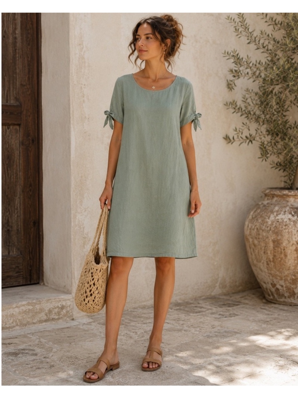 Relaxed Tie-Sleeve Midi Dress in Sage Green